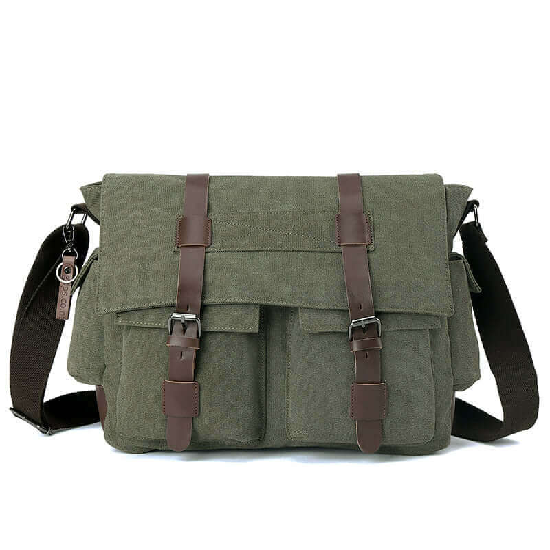 Durable canvas crossbody bag with visible PU leather straps and magnetic clasp.