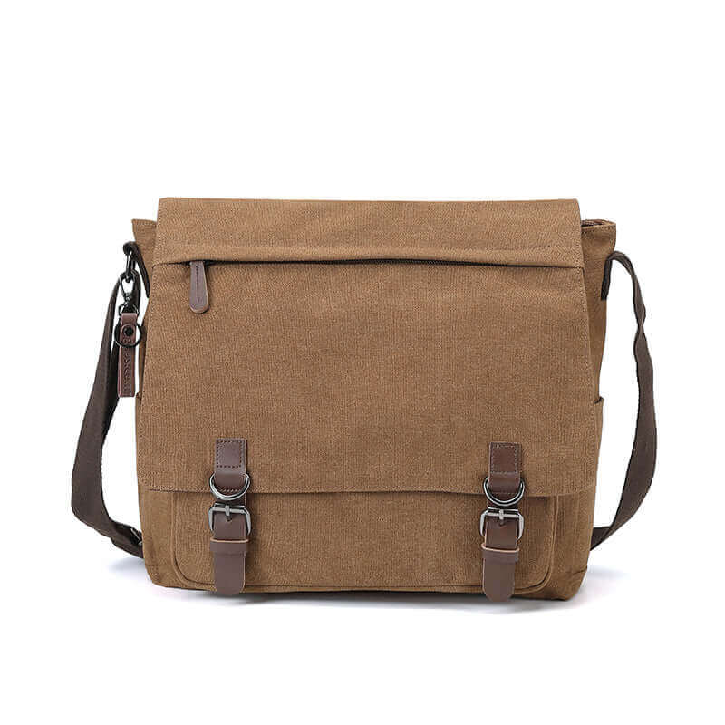 Canvas messenger bag in coffee, designed for 15" laptops.