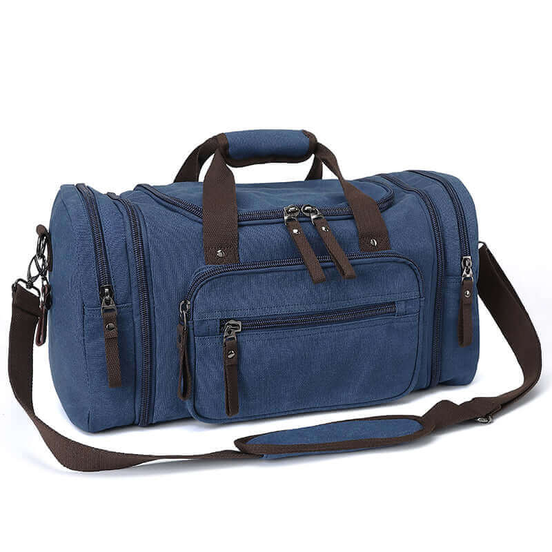 The blue canvas travel duffle bag, highlighting its trendy and durable design.