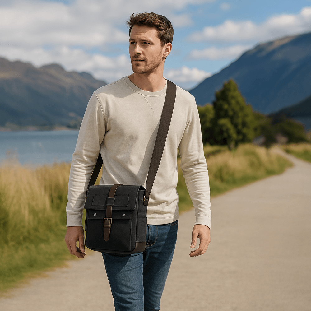 Functional black canvas crossbody bag with ample storage, perfect for daily adventures.