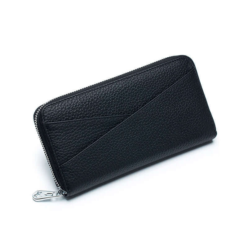 Black genuine leather RFID wallet designed for women, with ample storage.