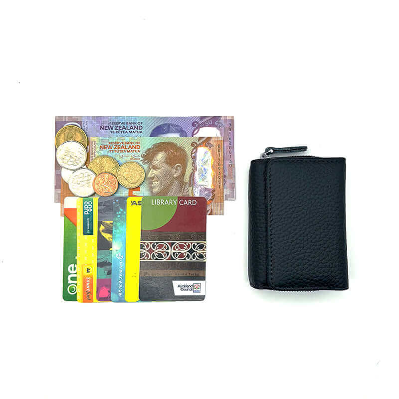 Black RFID leather wallet with multiple card slots and cash storage.