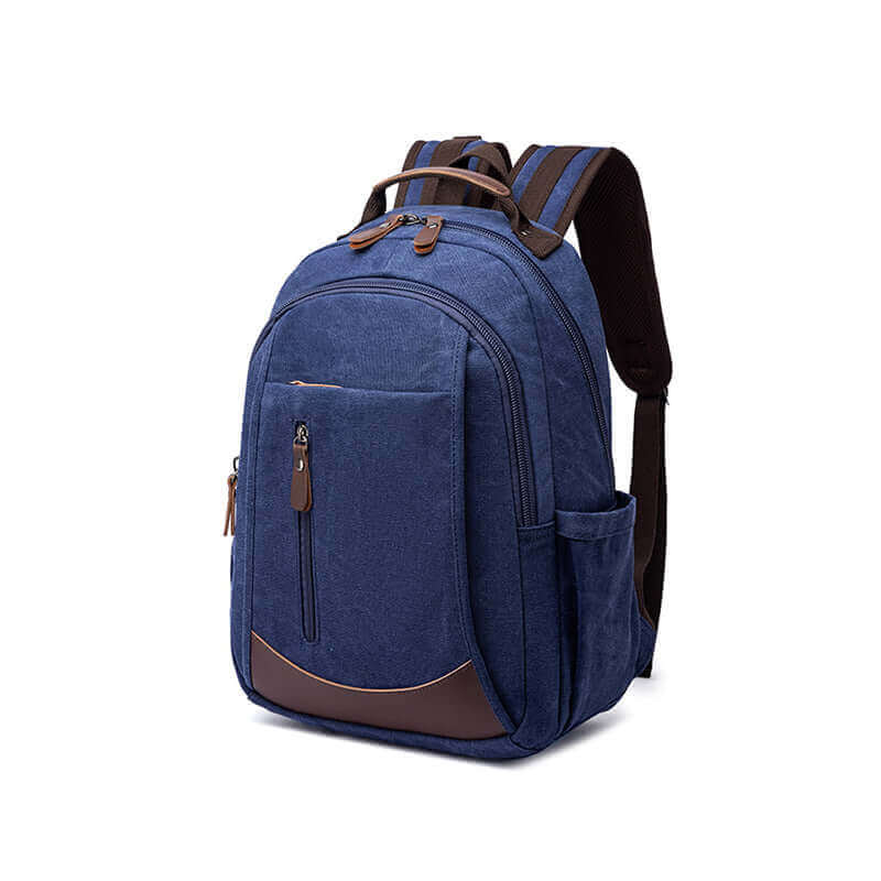 Spacious canvas backpack with multiple compartments and a leather base.