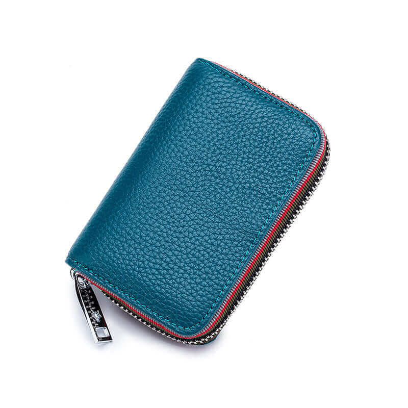 Blue RFID leather card holder with colorful woven edges and compact design for card and coin storage.