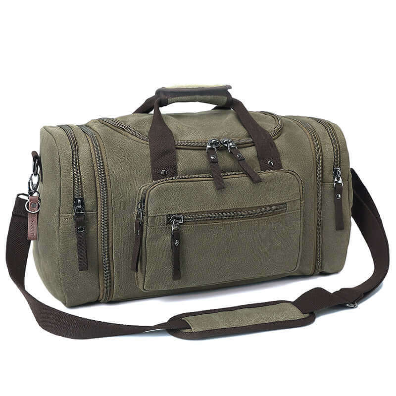 Canvas travel duffle bag worn as a crossbody for hands-free convenience during travel.