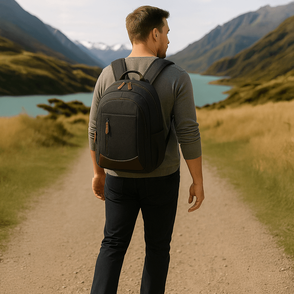 Canvas satchel backpack with multiple compartments and a laptop sleeve.