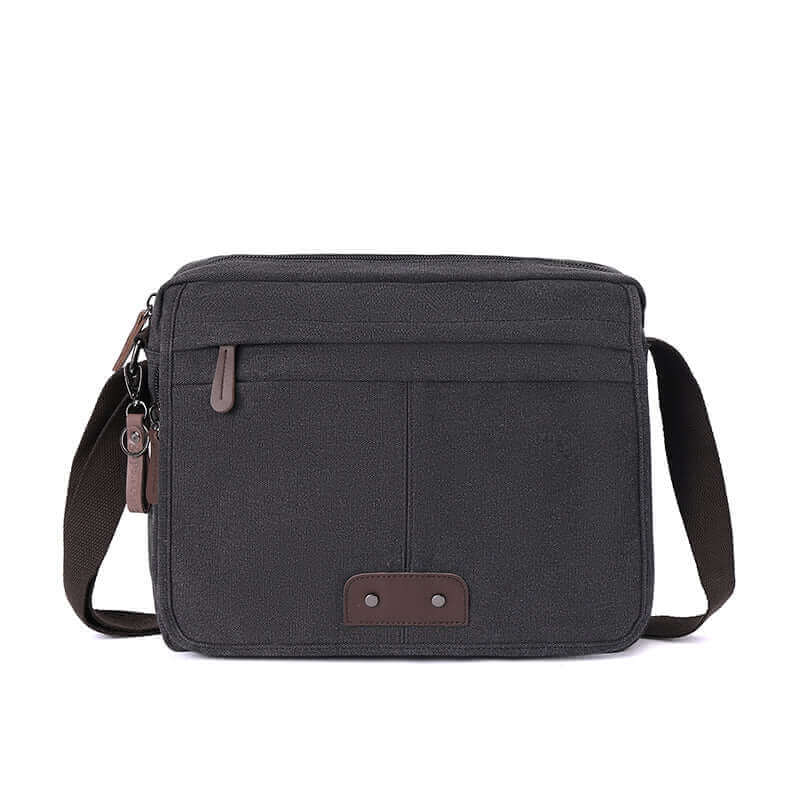 Men's canvas shoulder bag with crossbody design, featuring multiple pockets and compartments for easy organization.