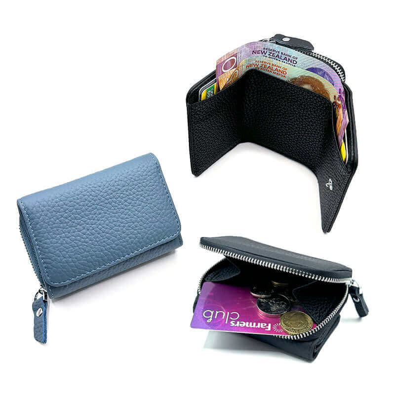 Compact RFID-protected leather wallet for women, featuring multiple card slots.