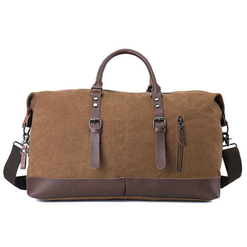 Front view of the large 42L canvas duffle bag showcasing its stylish design and PU leather accents.