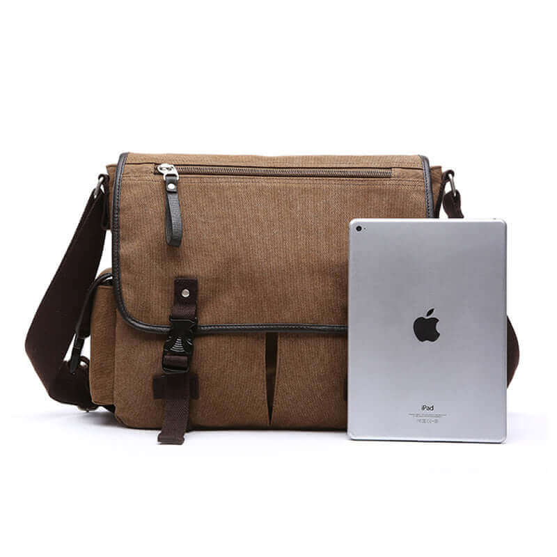 Men's durable canvas laptop bag featuring a spacious compartment and multiple pockets.