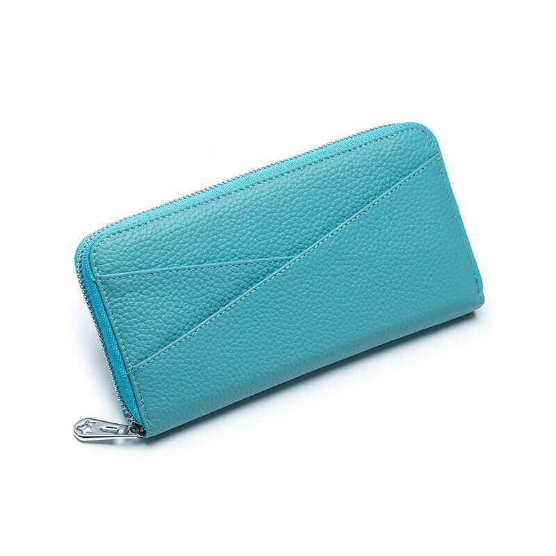 Elegant RFID blocking leather wallet featuring coin pocket and card slots.