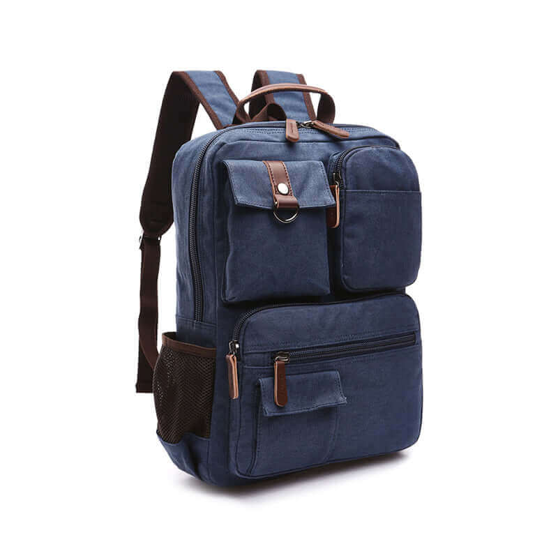 Fashionable canvas backpack with multiple compartments, designed to provide organized storage for various items.