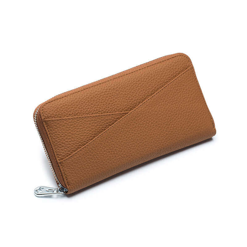 Functional RFID leather wallet perfect for daily use with card, cash, and phone compartments.