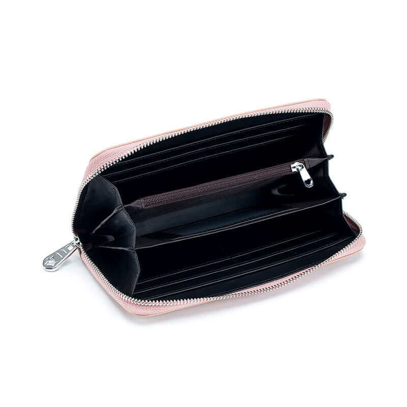 Genuine leather RFID wallet in pink with a slim profile and convenient storage options.

