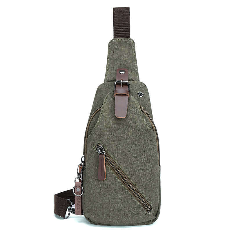 Green canvas chest bag with PU leather accents, perfect for men and women, ideal for travel and outdoor activities.