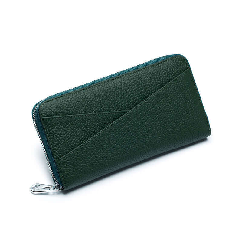 Green long leather wallet with RFID protection, ideal for women’s essentials.