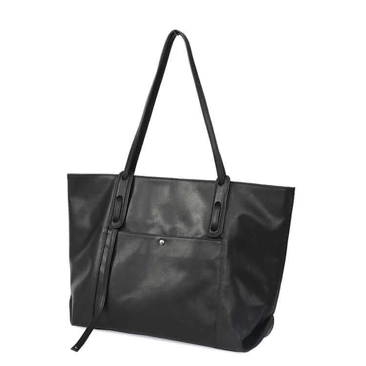 Large black leather tote bag for women, perfect for casual outings and work.