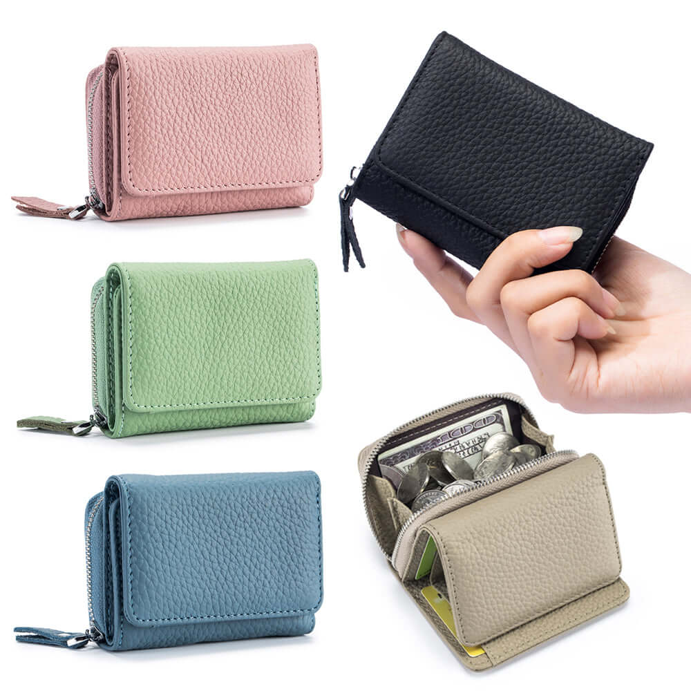 Compact RFID-protected leather wallet, featuring multiple card slots.