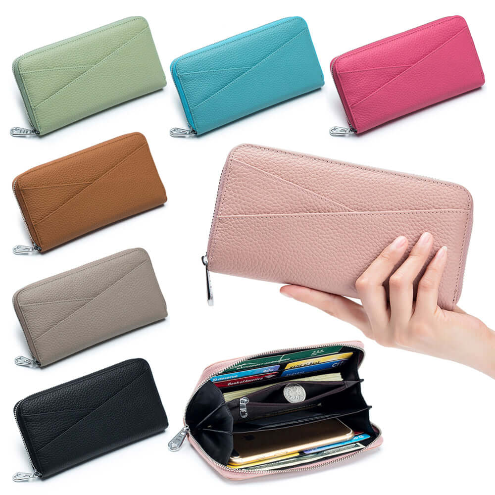 Women's RFID leather long wallet featuring card holder slots and zippered compartment.