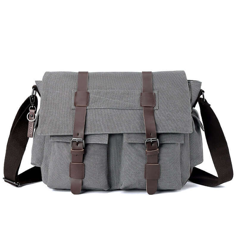 casual canvas messenger bag highlighting the sturdy construction and design.