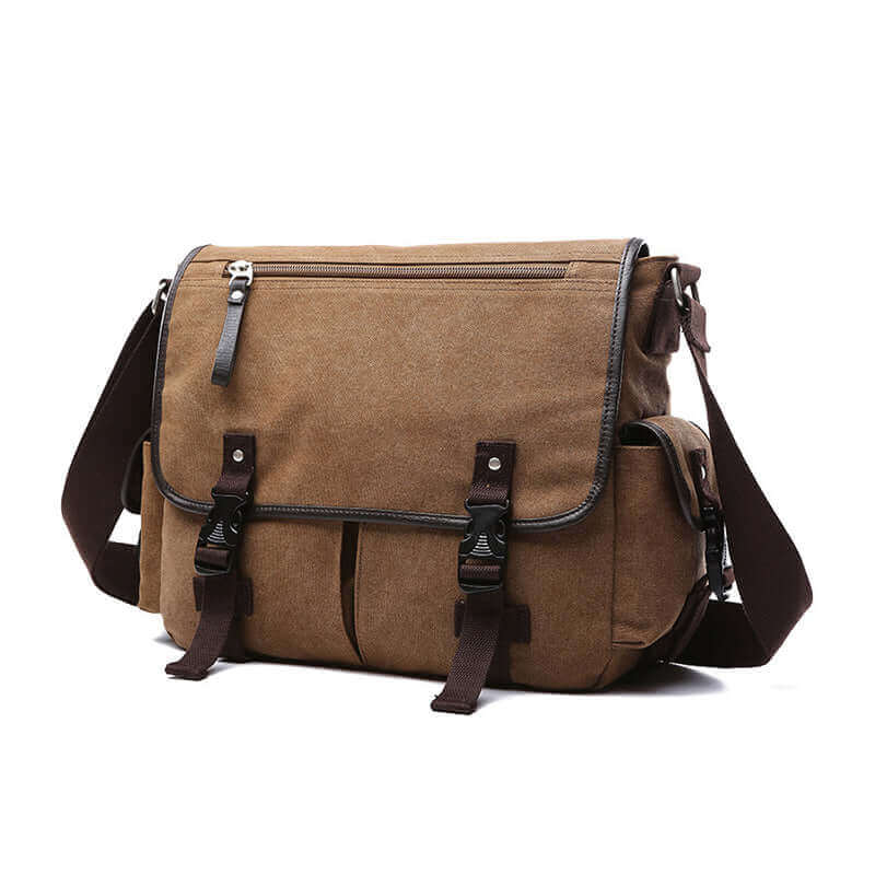 Men's canvas messenger bag with 14-inch laptop compartment and PU leather trim.