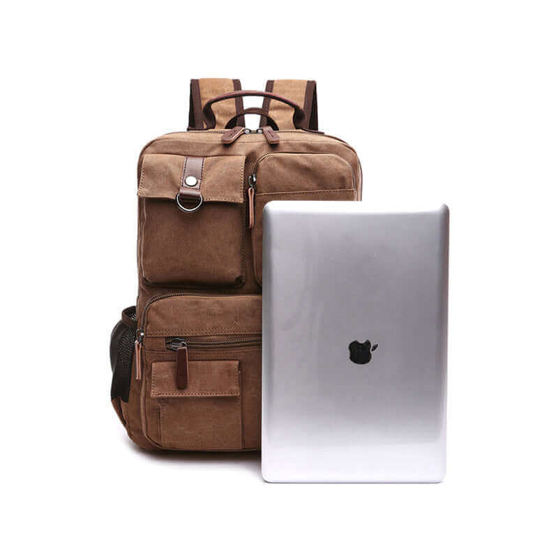 Practical men's canvas backpack with a laptop sleeve, providing easy access and secure storage for a 14-inch laptop.