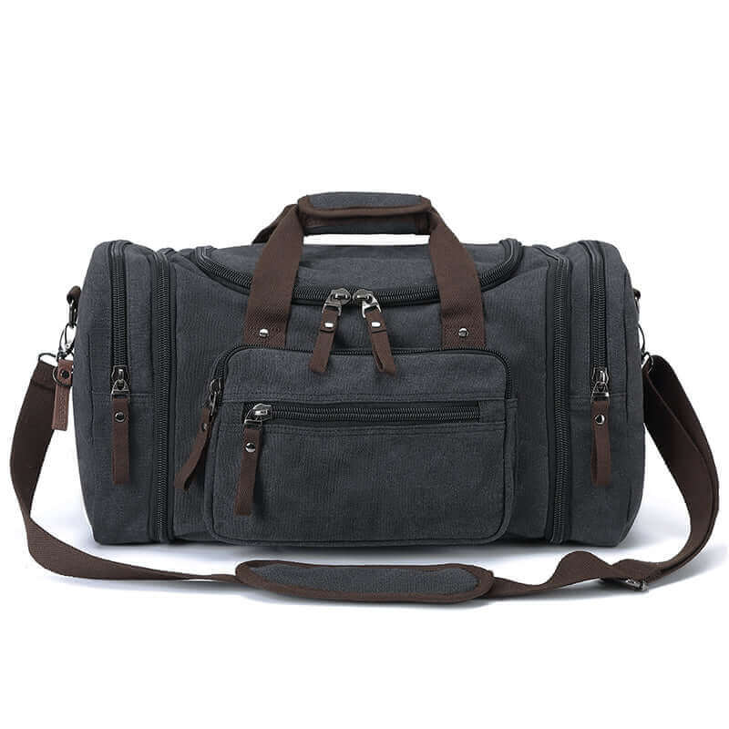 Front view of the stylish canvas travel duffle bag with a 43L capacity, perfect for travel and outdoor adventures.