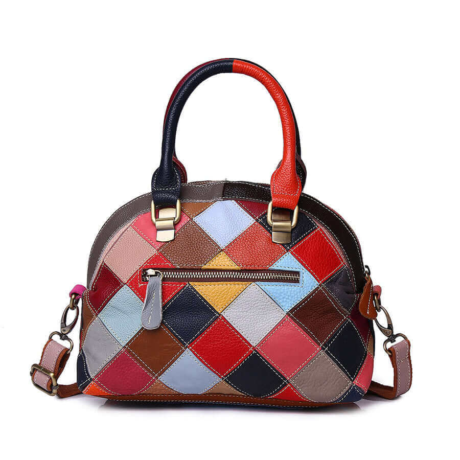 Fashion statement handbag made from patchwork genuine leather in various colors.