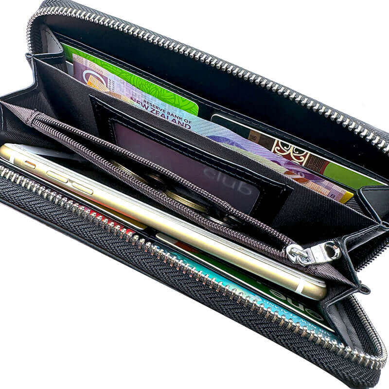 RFID leather wallet featuring money slots, card holder, and a secure zippered pocket.