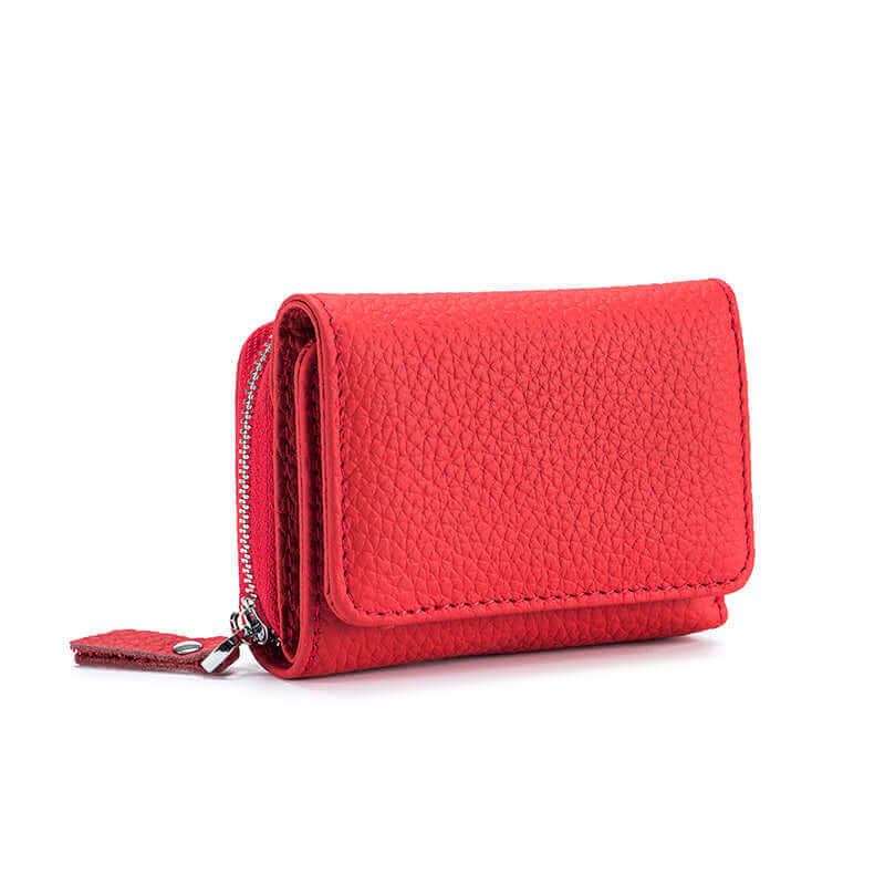 Red mini wallet featuring RFID protection and zippered coin pocket.