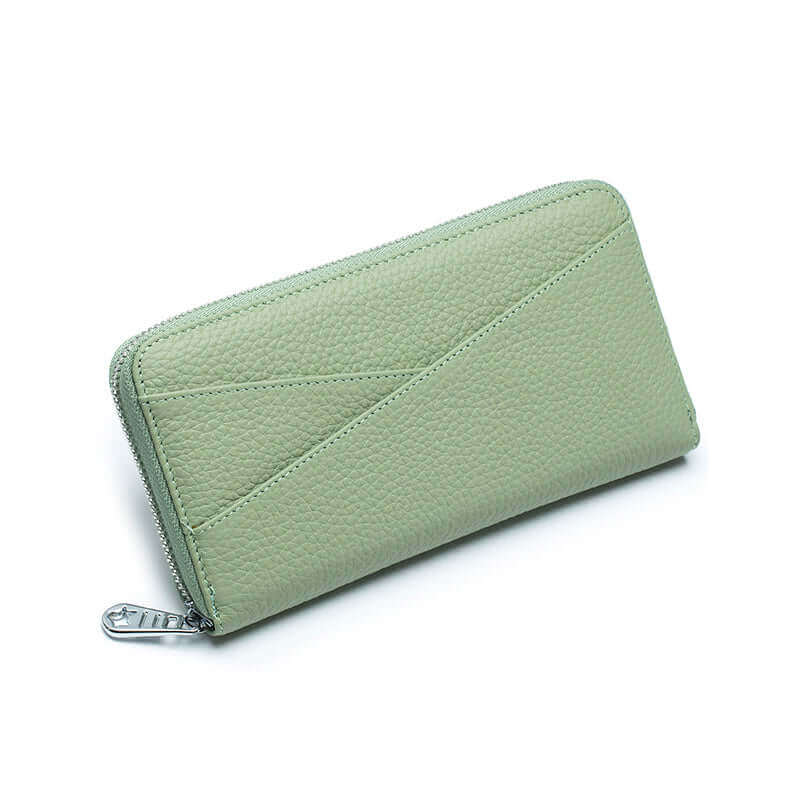 Secure RFID leather wallet with a sleek design and multiple storage compartments for women.