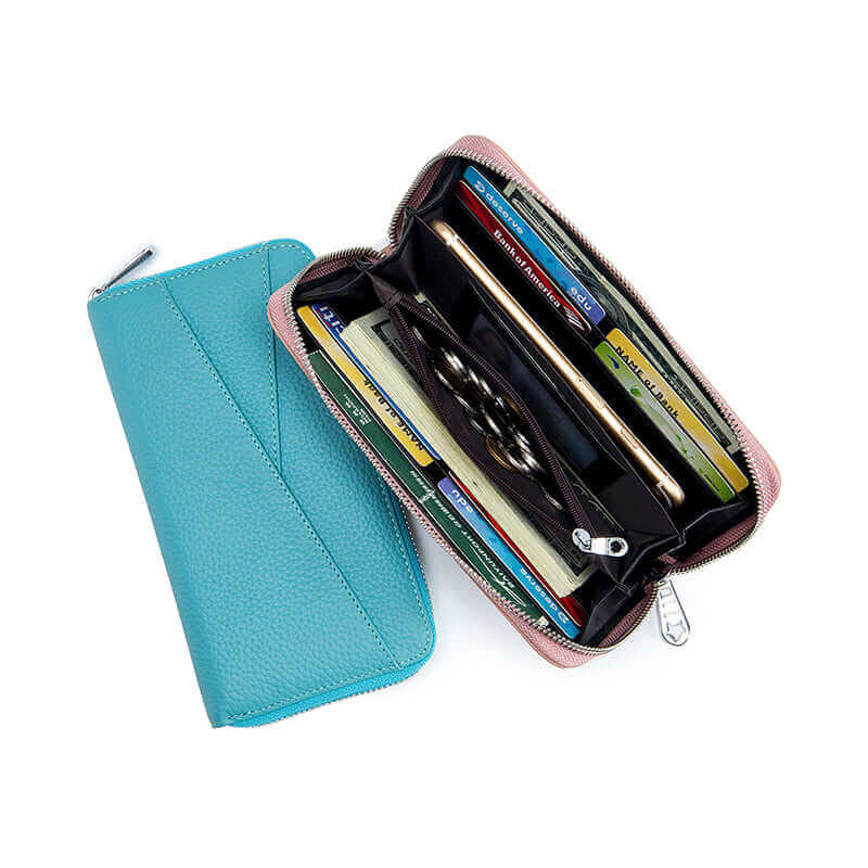 Sleek RFID leather wallet with multiple card and money slots, perfect for daily use.