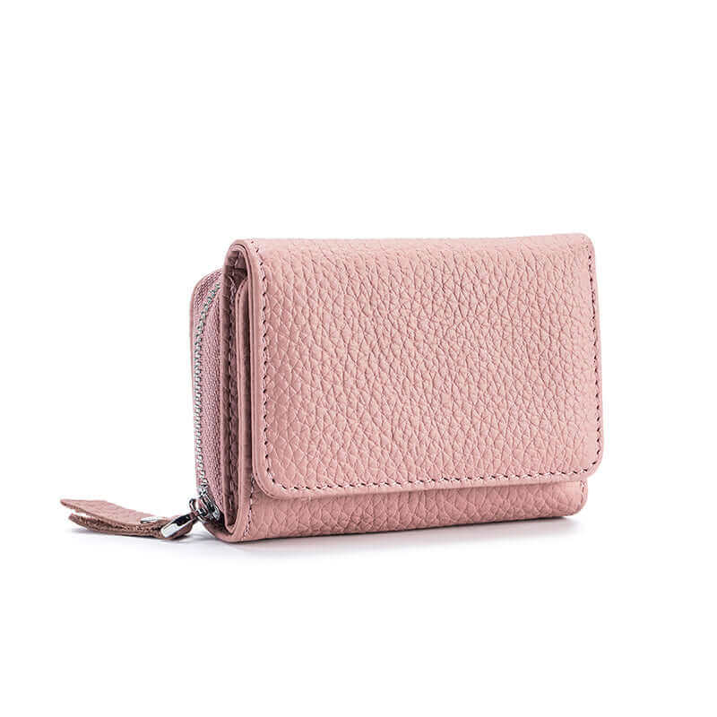 Small RFID leather wallet in pink with coin zipper and card slots.

