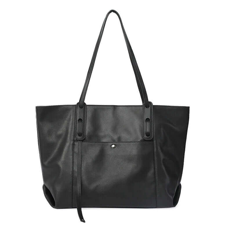 Soft black leather tote bag for women, offering comfort and durability for everyday use.