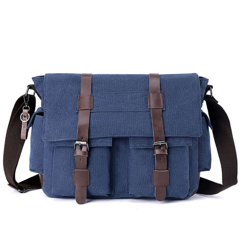 Detailed view of the practical canvas shoulder bag showing craftsmanship and material quality.