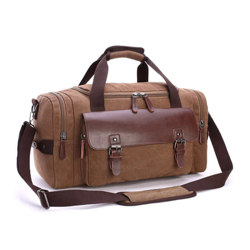 A stylish and durable canvas travel duffle bag with leather accents.