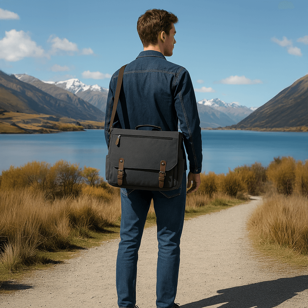 Casual and durable men's black canvas messenger bag with multiple compartments.