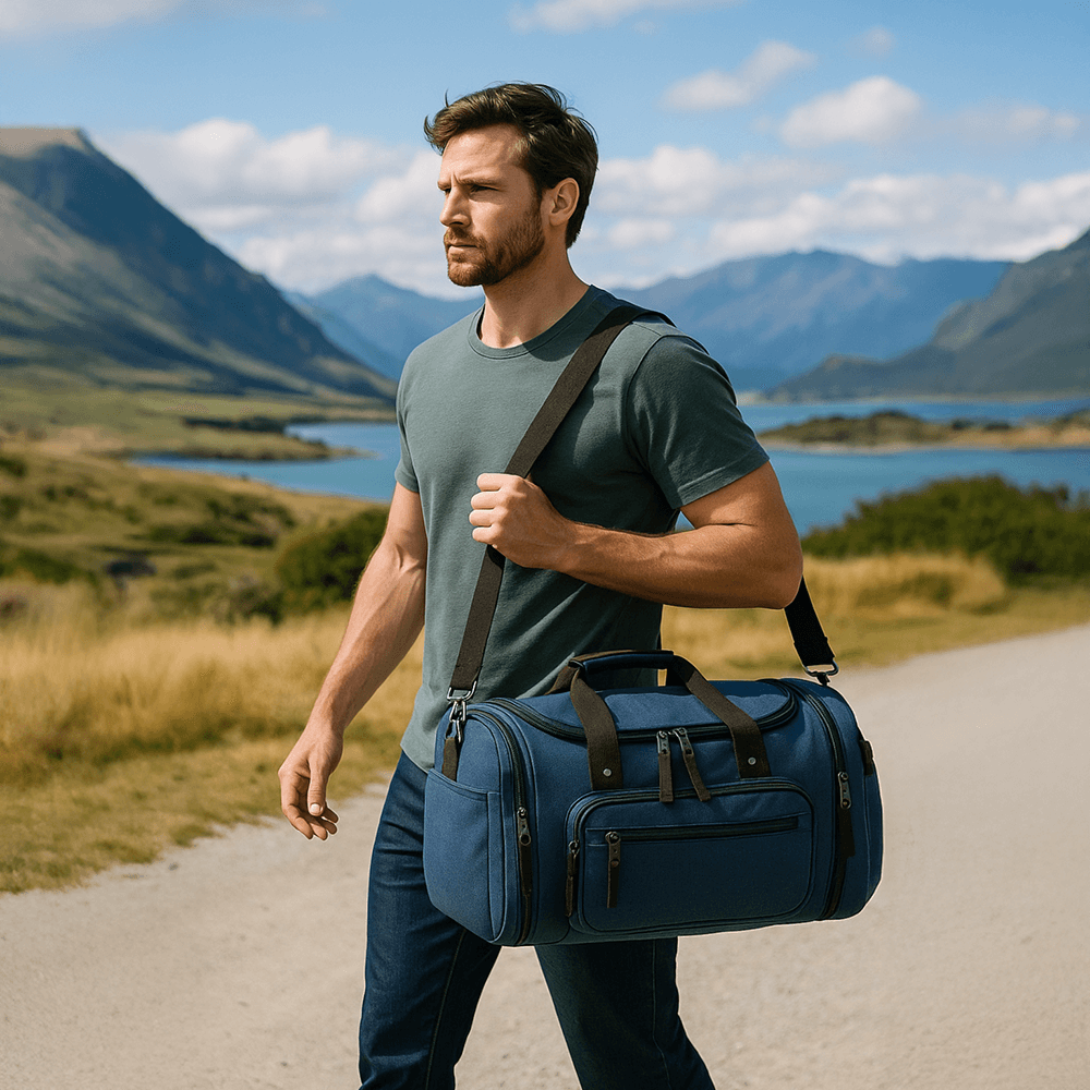 Top handle of the versatile travel duffle bag made from waterproof 