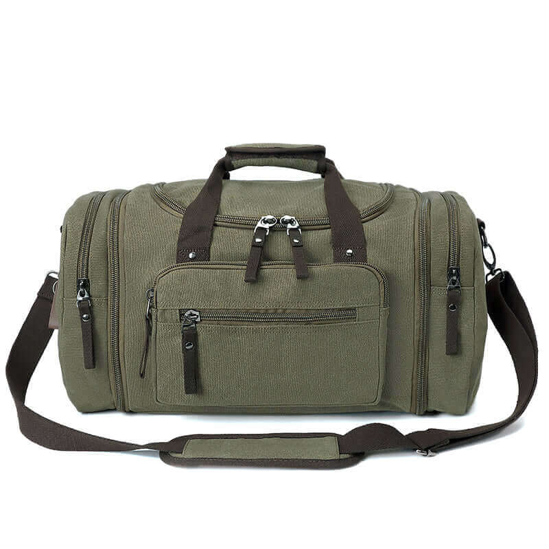 Durable canvas travel duffle bag, perfect as a carry-on for airplane travel.