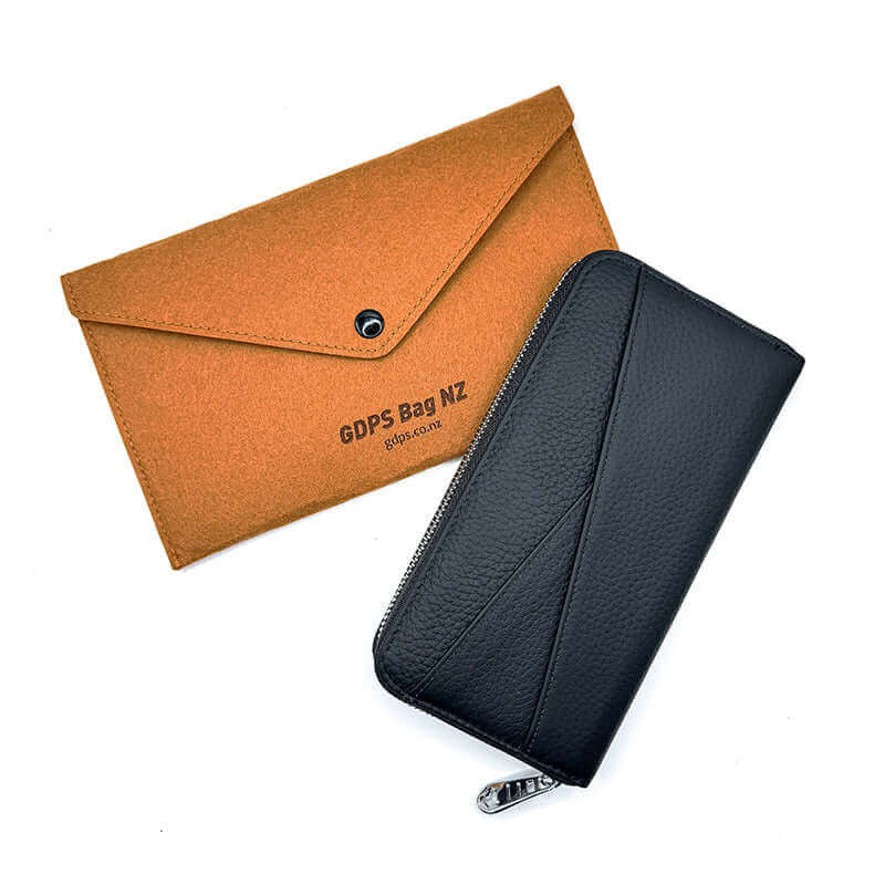 Women's RFID leather purse with card slots, money slots, and mobile phone slot.