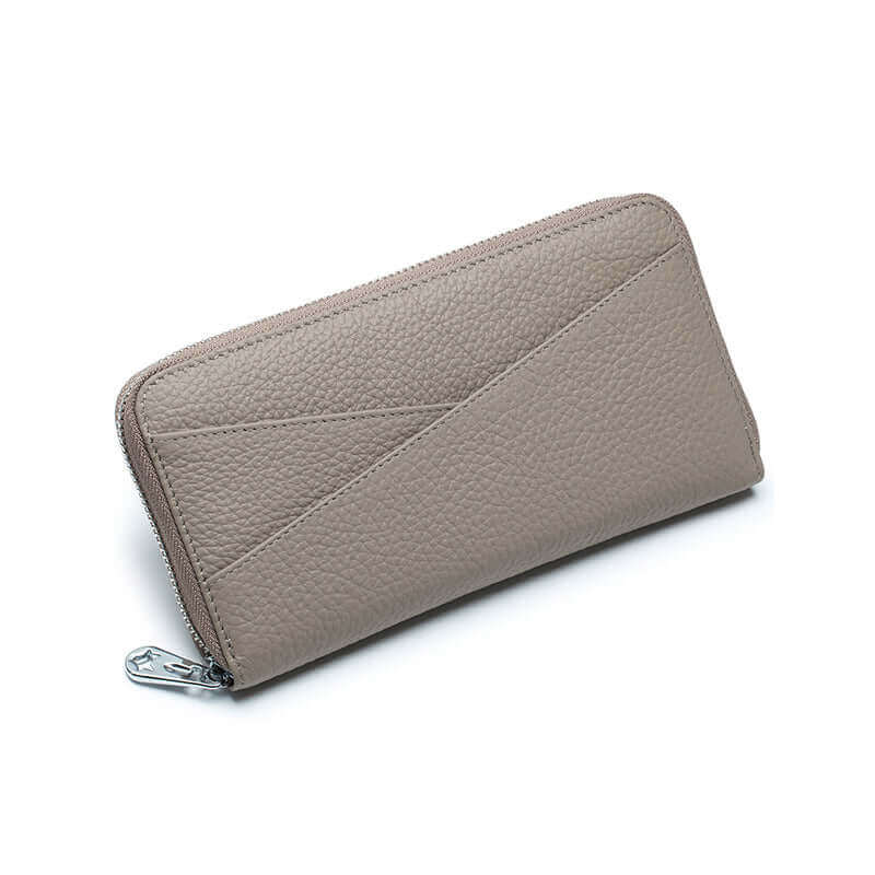 Women’s RFID leather purse in grey, designed with multiple slots and a slim profile.