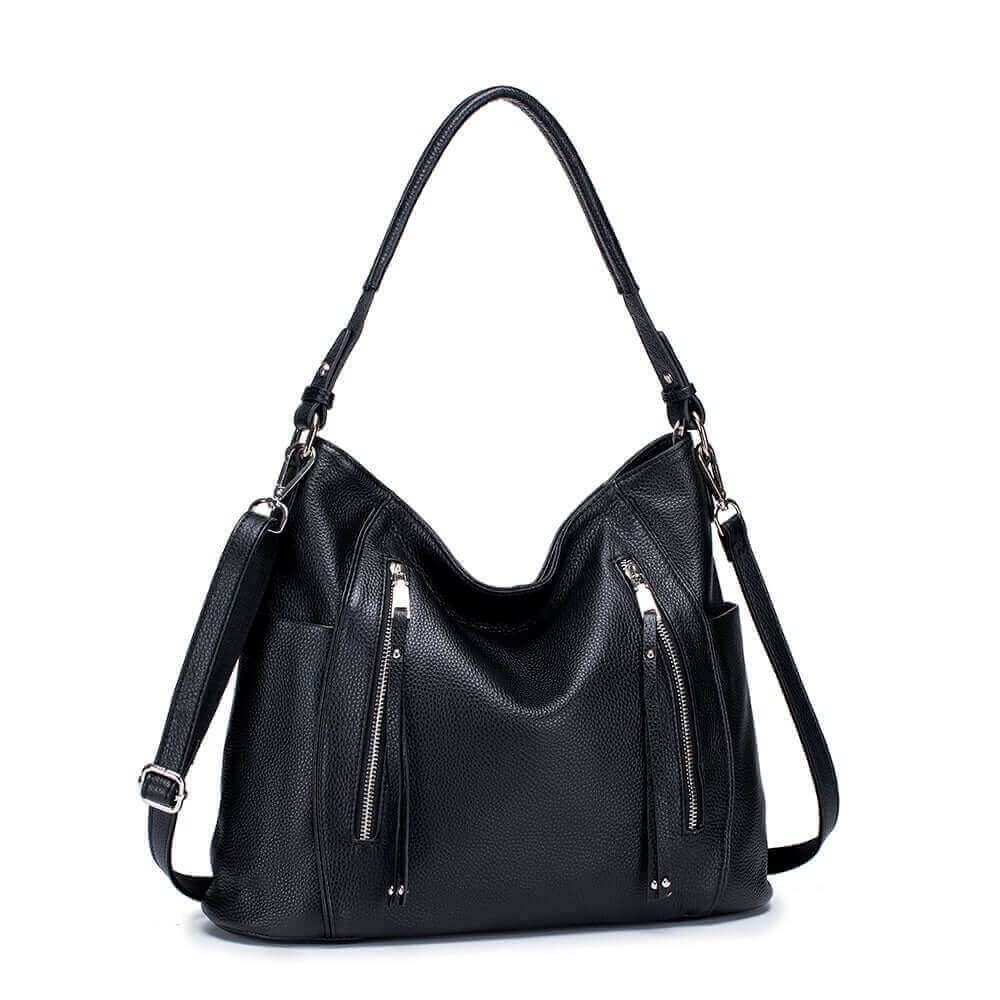 Versatile leather shoulder bag for women, with short and long strap options.