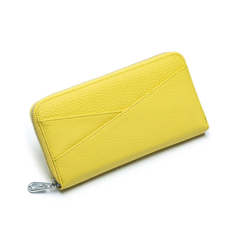 Long RFID leather wallet featuring a smooth zipper and organized internal structure.
