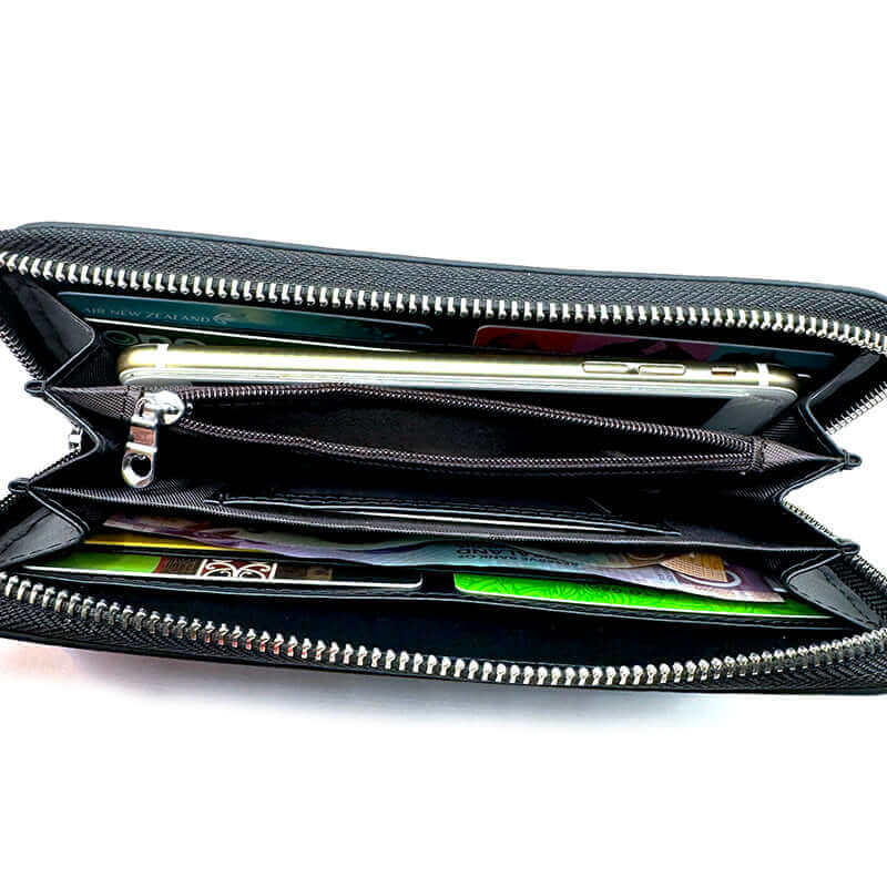 Black zippered RFID leather wallet with card holder slots, money compartments, and secure closure.