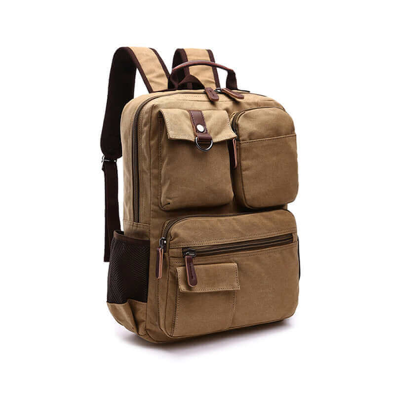 Fashionable canvas backpack with multiple pockets, perfect for men looking for a stylish yet practical bag.