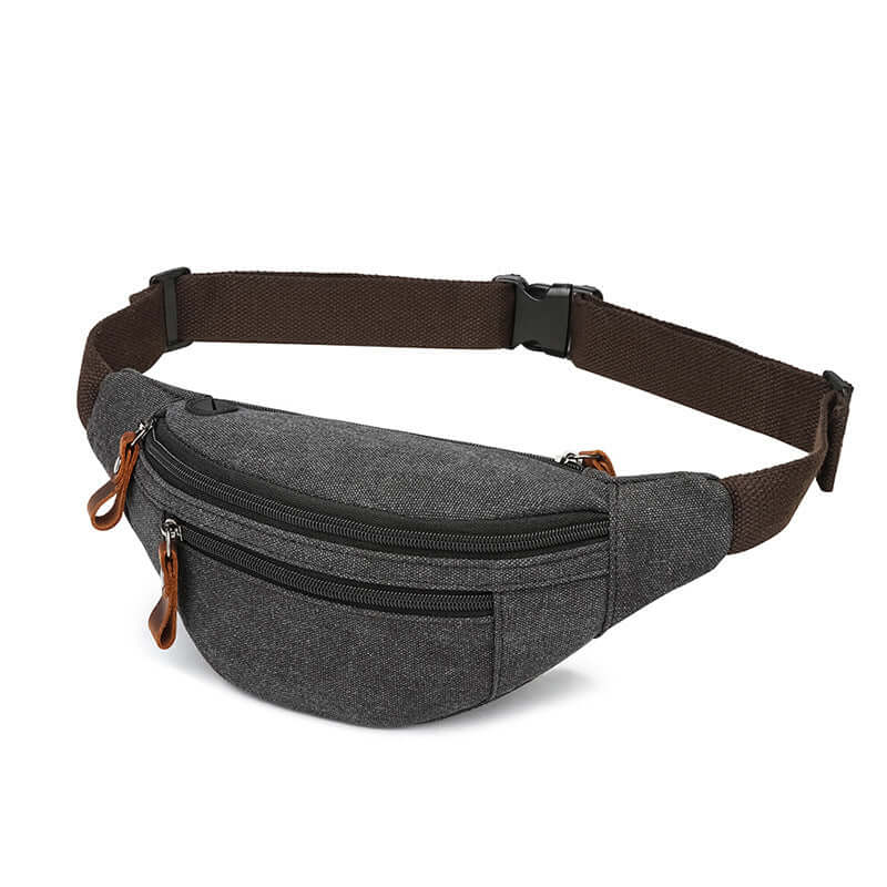 Black bum bag worn around waist – casual unisex styling