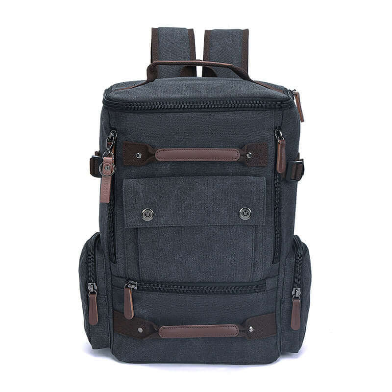 Black canvas laptop backpack for men, combining style and functionality.