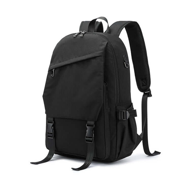 Durable black polyester laptop backpack with secure clips