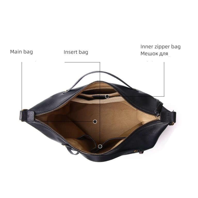 Durable metal zippers on black leather tote