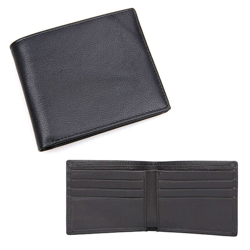 Front view of men's black leather bifold wallet